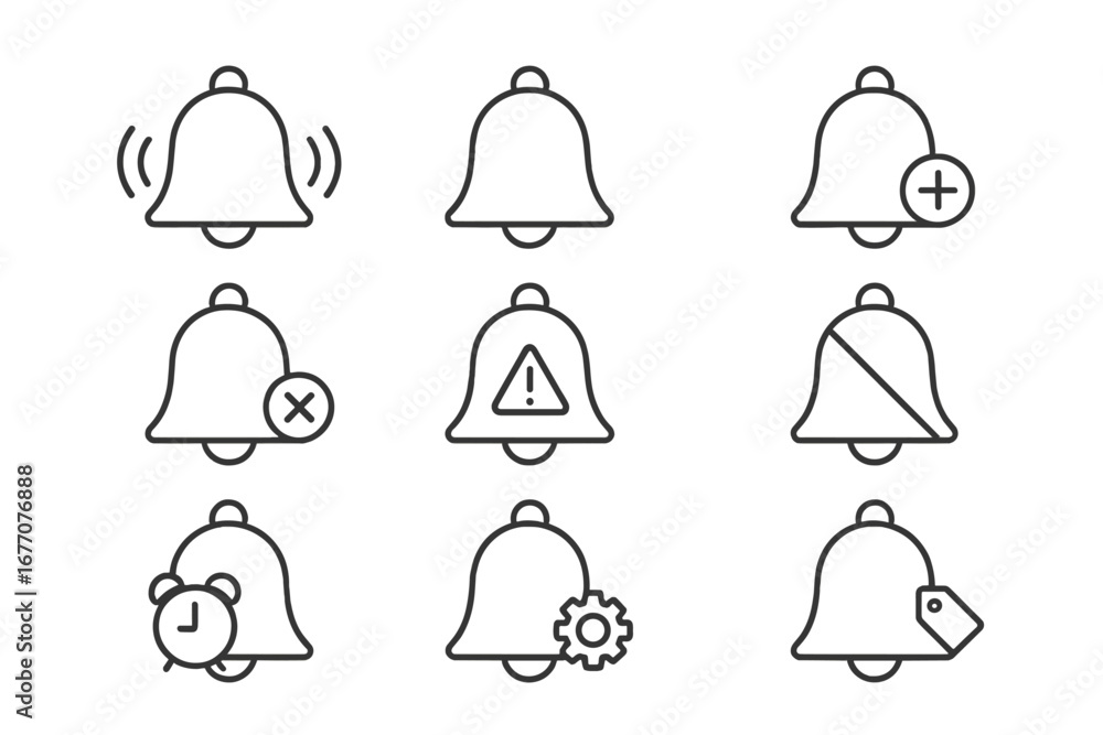 Poster bell notification alert vector line icon set. symbols for new message, reminder, alarm, mute, settin