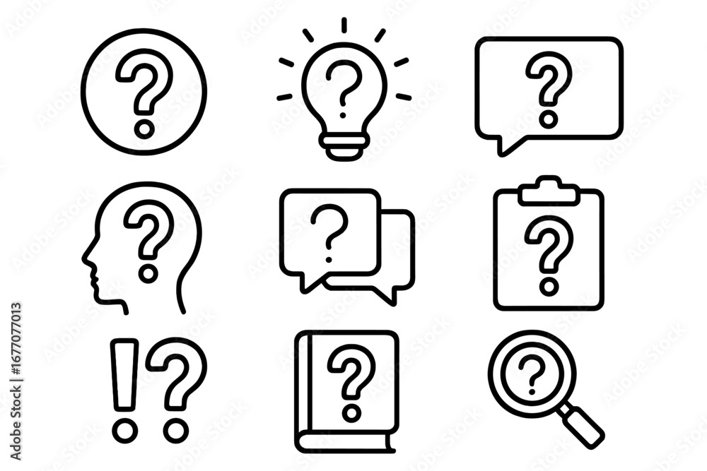 Poster question mark icon set. faq and support line icons. help, problem, and solution concepts. vector out
