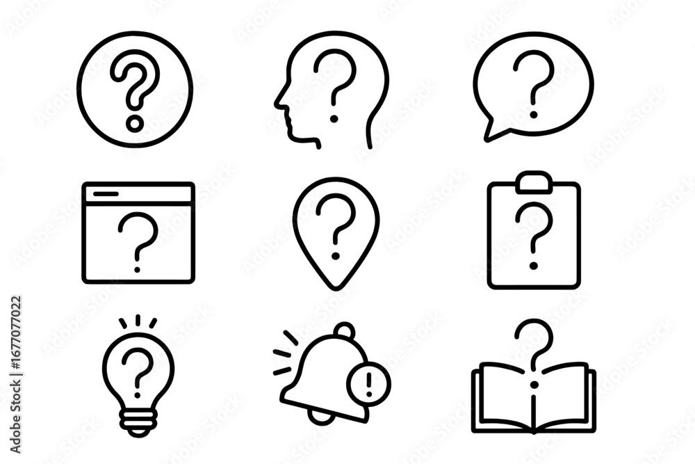 Poster question mark line icon set for help, support, and faq. vector outline signs for web design, apps. i