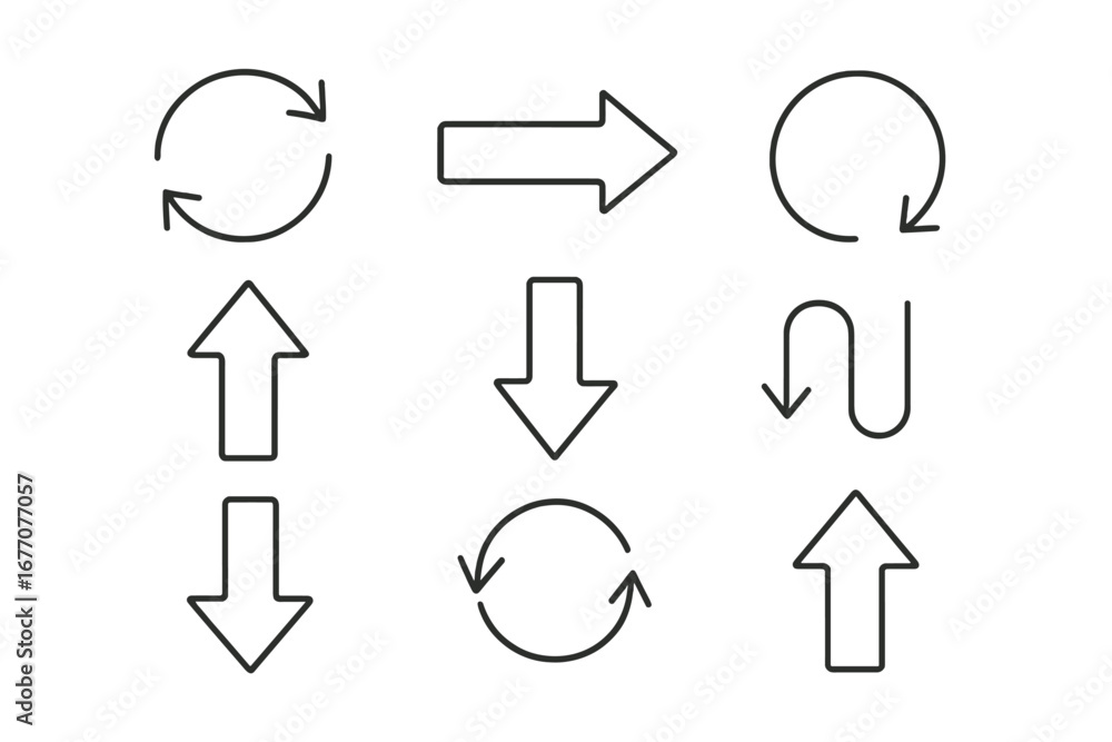 Poster vector arrows line icon set. direction, navigation, pointer symbols. up, down, next, previous, refre