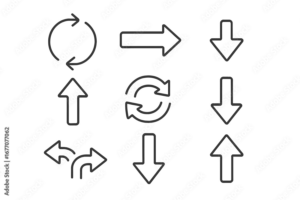 Poster vector arrow line icons collection. outline navigation and direction signs for web design. up, down,