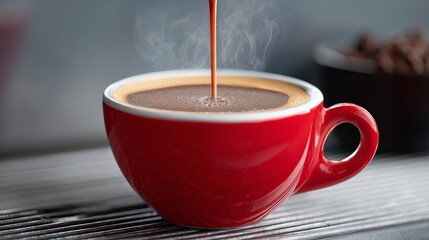 Red ceramic coffee cup filled with rich espresso, steam rising from the surface, placed on a metallic surface, with coffee beans in the background, capturing the essence of a cozy coffee moment