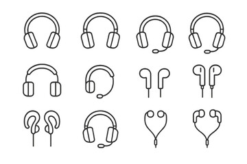 Headphones and earphones line icon set. Headset with microphone for call center, gaming gear, earbuds for music. Audio device pictogram collection. Editable stroke vector.