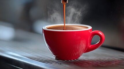 Freshly brewed espresso pouring into a vibrant red cup, steam rising above, set against a blurred background of a modern coffee machine, capturing the essence of coffee culture and craftsmanship
