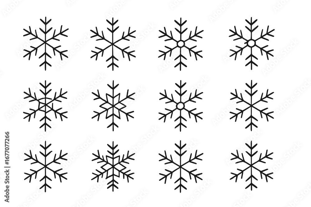 Poster Snowflake line icon set. Big collection of winter snow flake symbols. Editable stroke vector pictogram. Christmas holiday graphic design element. Minimalist linear icons bundle.