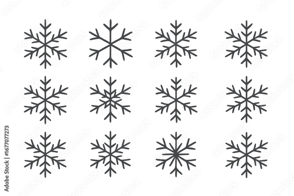 Poster Snowflake icon set vector collection. Simple line art snowflakes for winter and Christmas design. Minimalist linear pictogram bundle with editable stroke for holiday decoration.