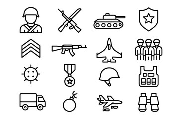 Fototapeta premium Military icon set. Army and armed forces collection with soldier, tank, jet, and gun. War and defense concept. Vector outline symbols for infographics, UI, UX. Editable stroke.