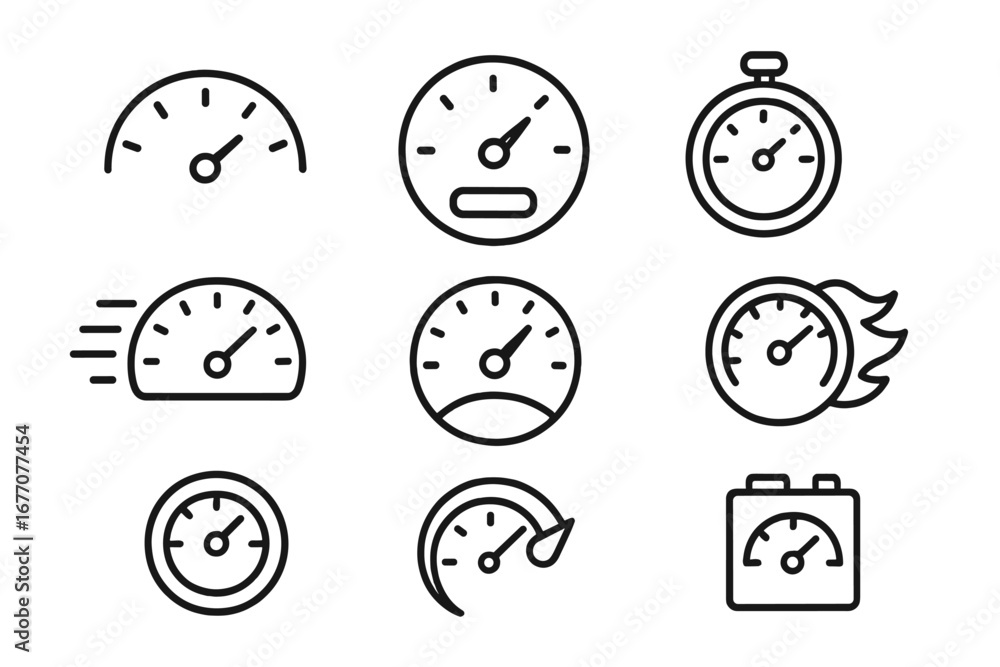 Poster speedometer line icon set. gauge, tachometer, and timer vector symbols. concept of speed, performanc