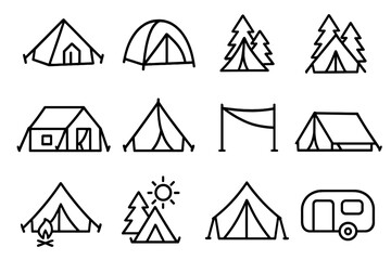 Camping and outdoor adventure line icon set. Tent, camper, forest, and campfire symbols. Travel, hiking, and nature concepts. Simple outline vector for web, UI, UX design.
