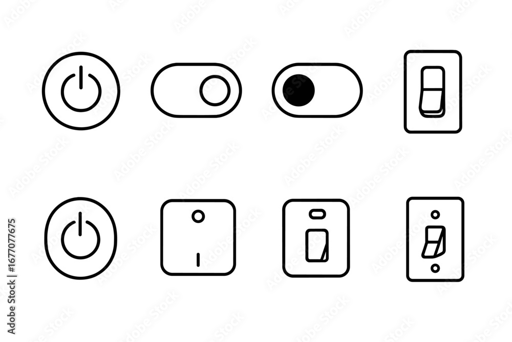 Poster on off switch line icon set. power button, toggle, and slider vector collection. ui, ux, and web des