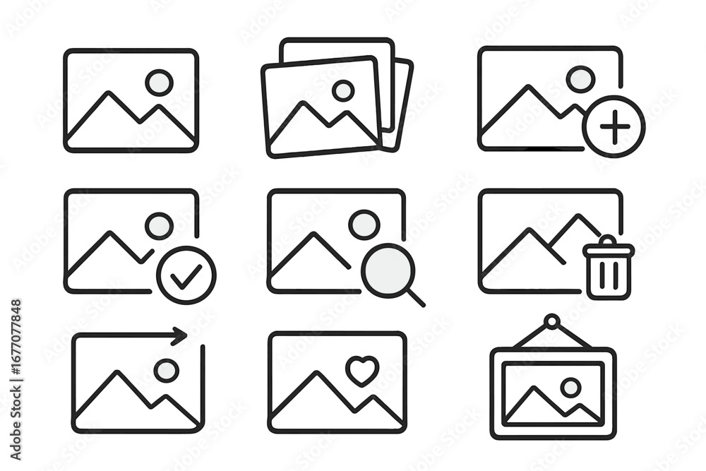 Poster picture line icon set. image and photo gallery outline icons for web design, apps, and user interfac