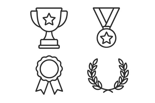 Award and victory line icon set. Trophy cup, medal, prize ribbon, and laurel wreath. Winner, champion, and success symbols. First place concept for competition. Editable stroke.