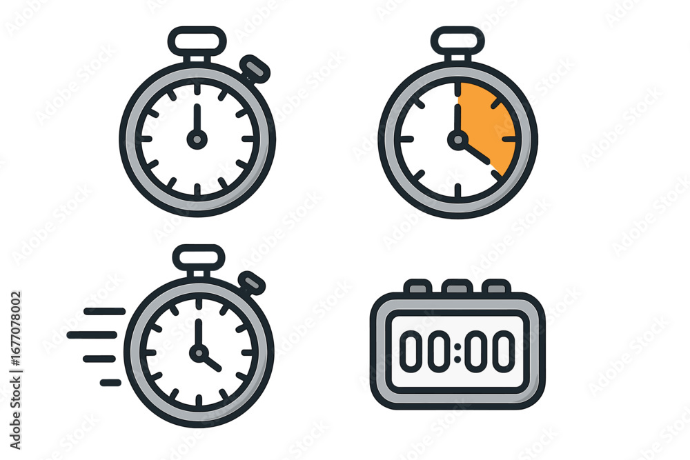 Poster stopwatch, timer, and chronometer icon set. thin line art vector illustration. time management, dead