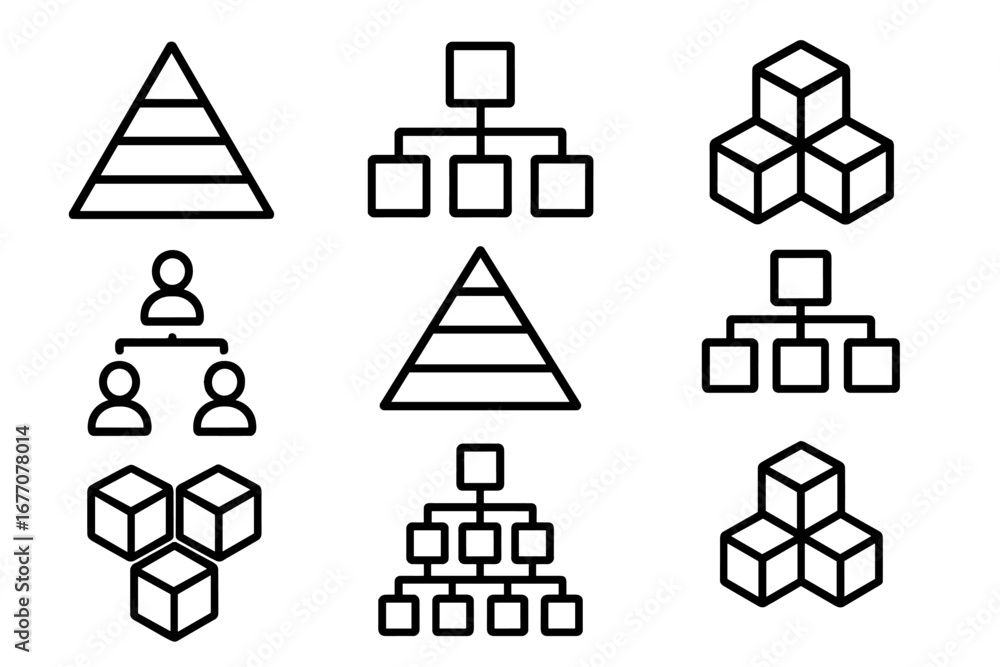 Poster business hierarchy and structure line icon set. pyramid diagram, corporate organization chart, data 
