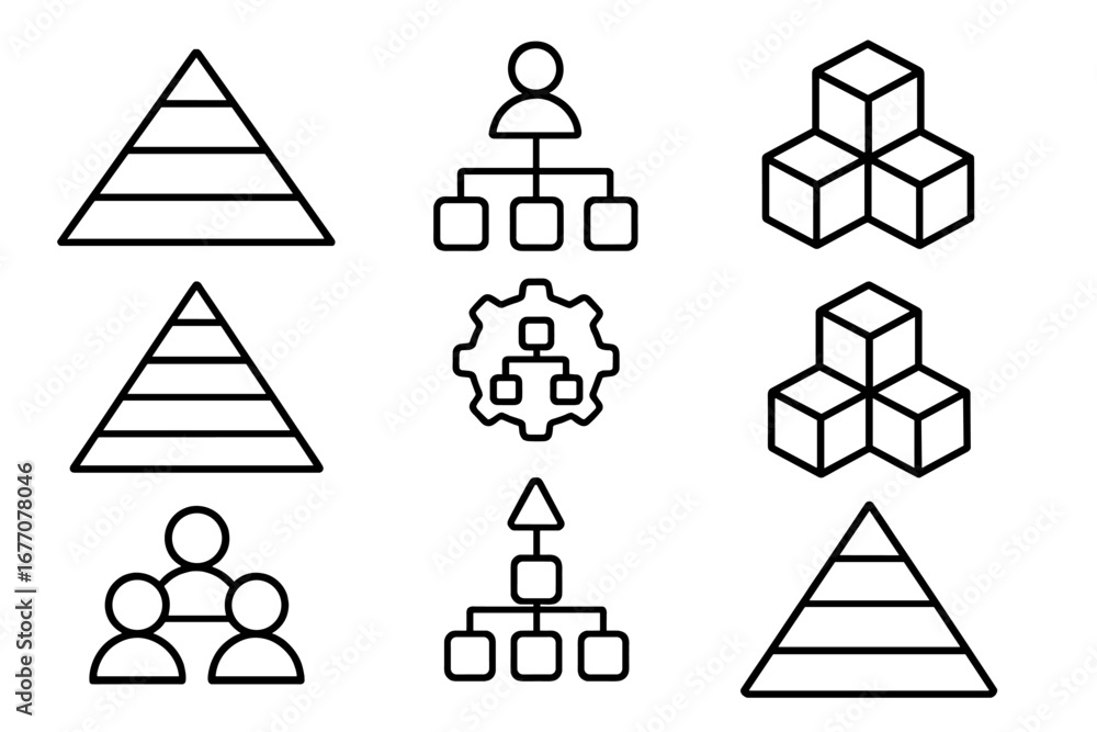 Poster hierarchy structure vector icon set. business organization chart. pyramid diagram. corporate managem