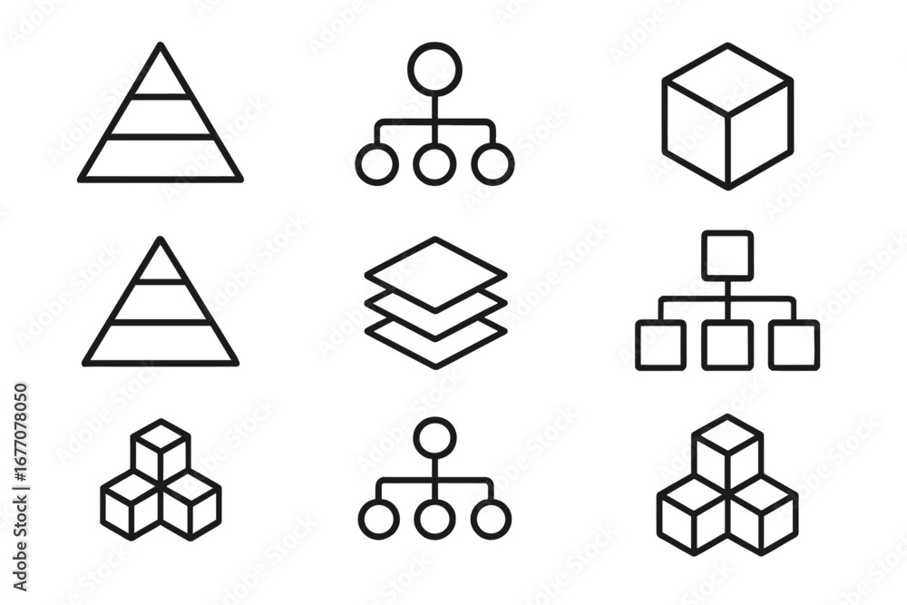 Poster hierarchy and structure line icon set. pyramid, flowchart, layers, cube blocks for business data vis