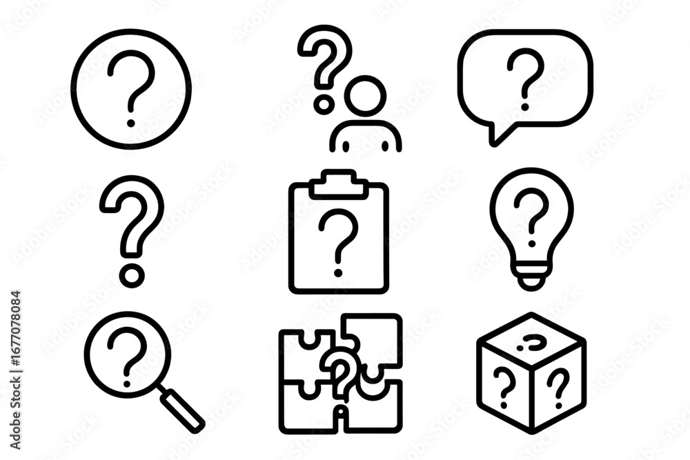 Poster question mark line icon set. faq, help, and support outline signs. vector collection for web design,