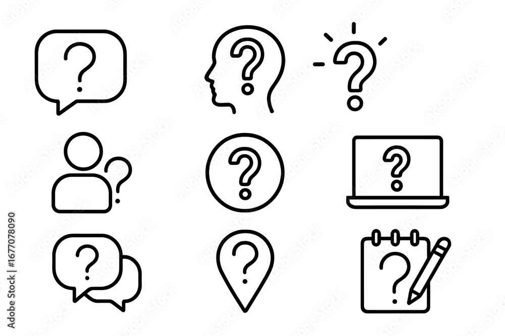 Poster set of question mark line icons. outline symbols for help, support, faq, and query. vector graphic f