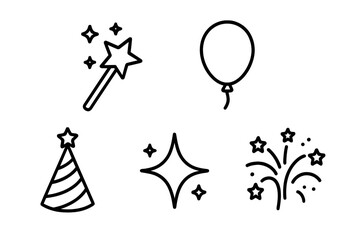 Celebration party line icon set for events, birthdays, and holidays. Includes magic wand, balloon, party hat, sparkling star, and fireworks. Minimal vector outline symbols.