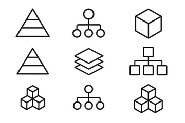 Hierarchy and structure line icon set. Pyramid, flowchart, layers, cube blocks for business data visualization. Organization chart, infographic element, connection system symbols.