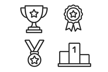 Award and competition simple line icon set. Winner trophy, success medal, and first place podium. Vector symbols for victory, achievement, prize, and contest leadership.