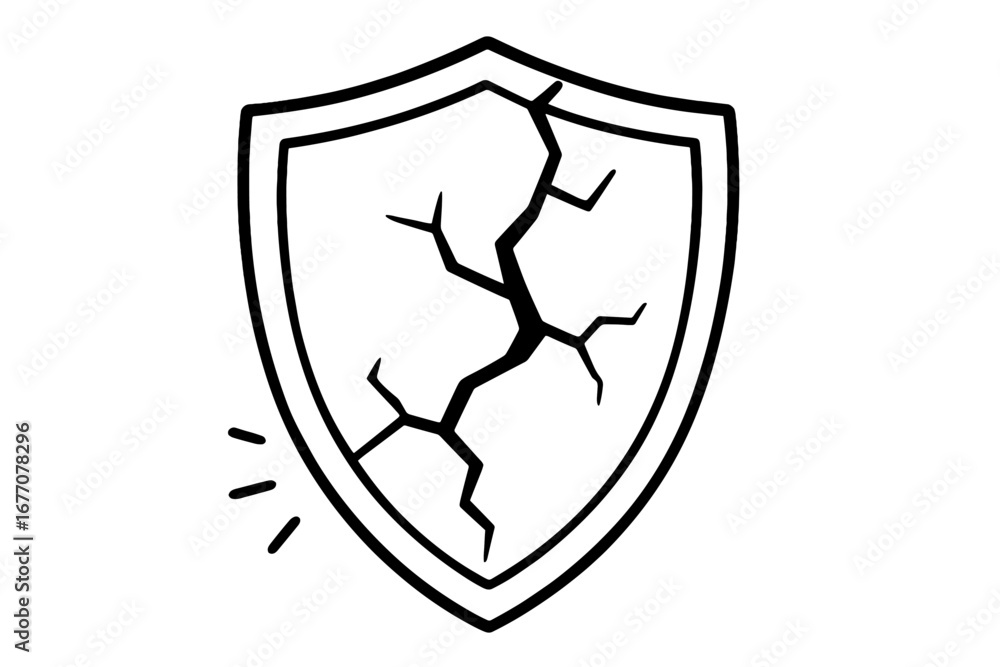 Poster broken shield line icon. metaphor for vulnerability, data breach, and risk. damaged defense, weak se