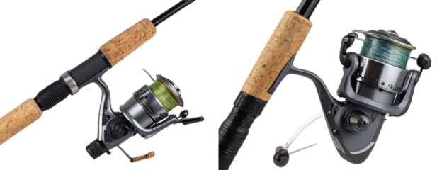 Fishing Rod with Reel and Wooden Handle fishing pole fishing gear isolated on a transparent background