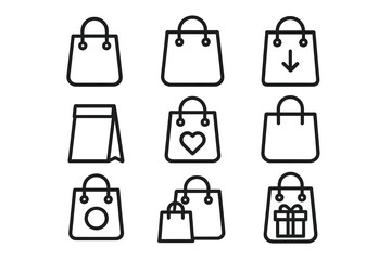 Shopping bag line icon set for e-commerce and retail. Vector outline symbols for online store, purchase, sale, add to cart, gift, and wishlist for web and mobile apps.