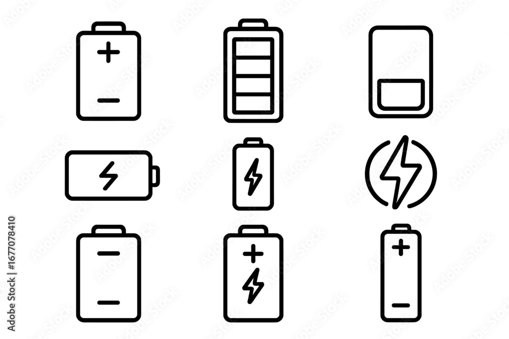 Poster Battery line icon set. Charge level indicator collection. Energy and power status symbols. Vector illustration for UI, UX, web and mobile app design. Accumulator signs.