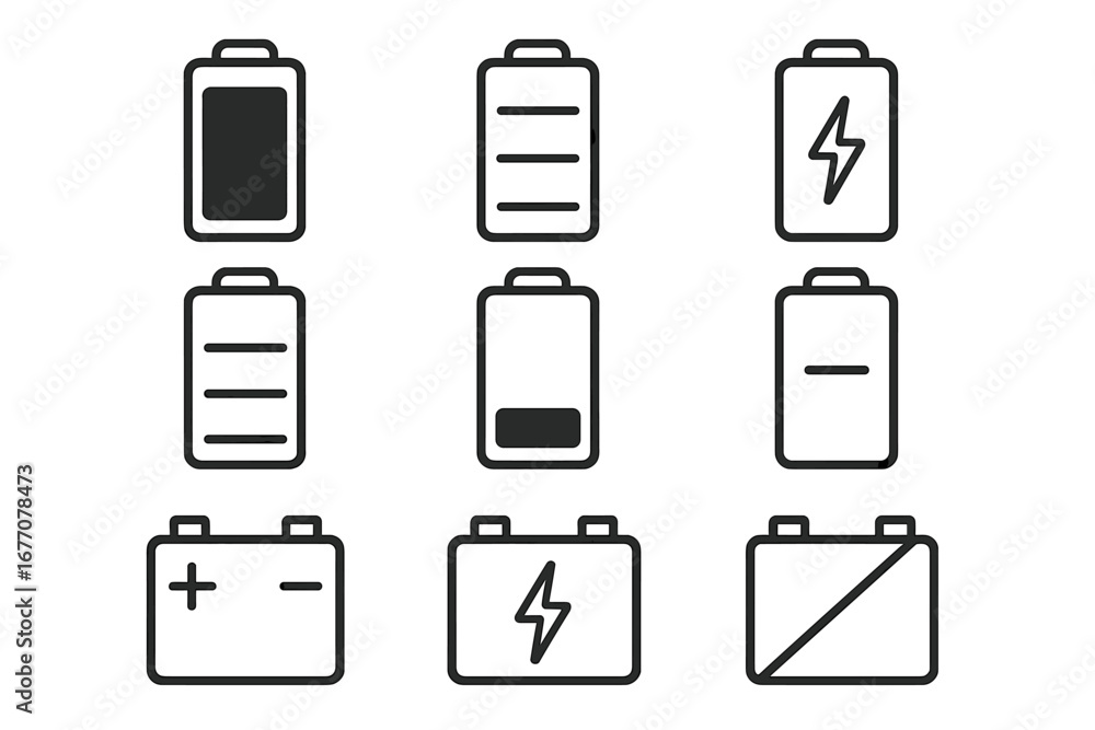 Poster battery line icon set vector collection. charge level indicator from full to low. energy and power s