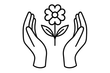 Line art of hands protecting a flower. Vector graphic concept for care, nature, environment, and growth. Symbol for ecology, sustainability, charity, hope, love, and support.