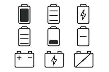 Battery line icon set vector collection. Charge level indicator from full to low. Energy and power symbols. Accumulator, car battery, charging station pictogram for UI, UX design.
