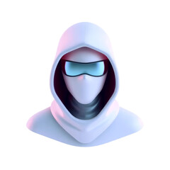futuristic faceless 3d character in white hood with blue visor goggles representing cyberpunk, technology, and modern anonymity
