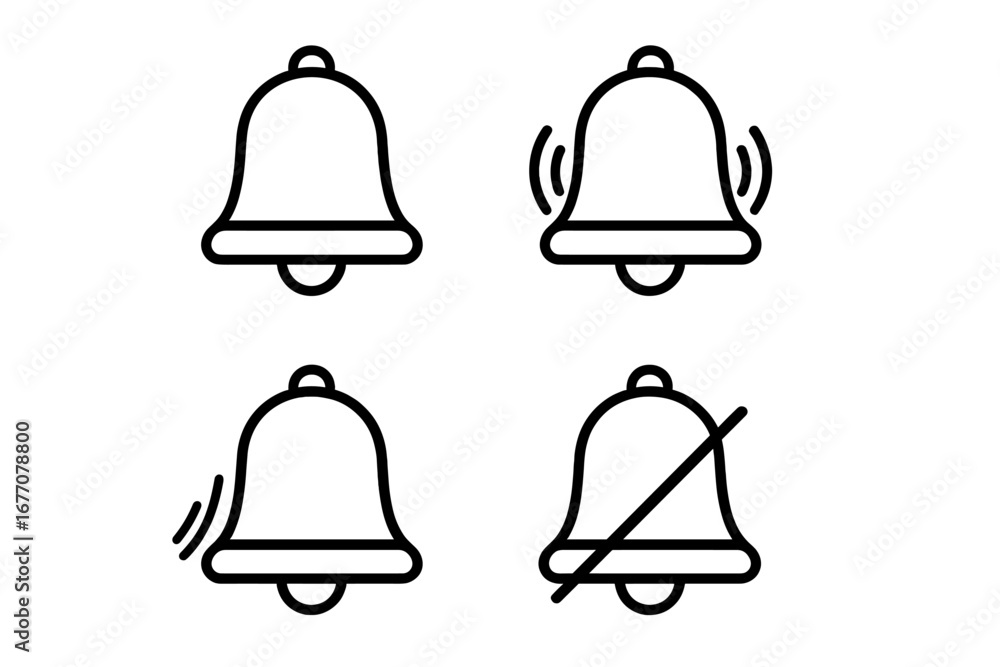 Poster notification bell line icon set for ui ux design. ringing, active, and silent mute mode. subscribe b