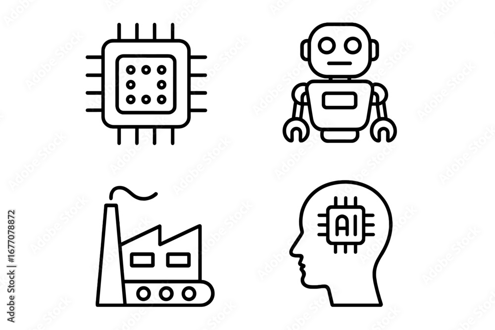 Poster technology line icon set. robot, factory, cpu chip, artificial intelligence head. concept automation