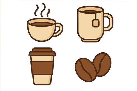 Coffee and tea vector line icon set. Hot drinks, beverages collection. Steaming coffee cup, mug with teabag, paper to-go cup and roasted coffee beans. Cafe and caffeine concept.