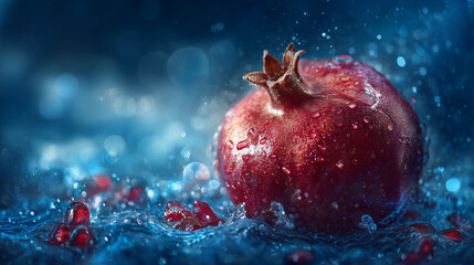 A red pomegranate with water droplets is partially submerged in water, surrounded by scattered seeds.