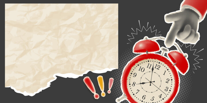 Advertising banner background with halftone effect and place for text. Collage in retro style. Hand pointing to alarm clock, cut from a newspaper or magazine, crumpled torn paper. Vector illustration