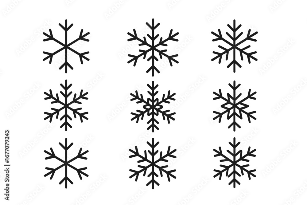 Poster set of snowflake line icons. winter christmas graphic elements. simple cold weather snow flake symbo