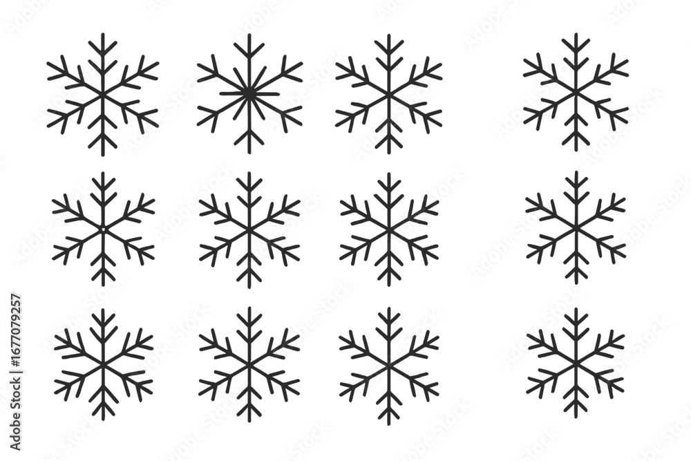Poster snowflake line icon set. winter snow crystal symbol collection for christmas. holiday graphic decora