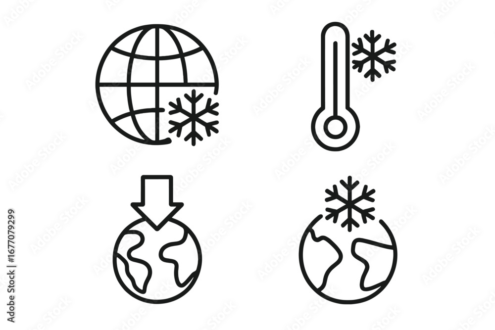 Poster global cooling icon set. climate change, ice age, and cold weather concept. planet earth with snowfl
