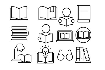 Book and reading outline icon set. Education, knowledge and learning concept. Library, literature, study symbols. E-book, ideas, school. Editable stroke vector illustration.