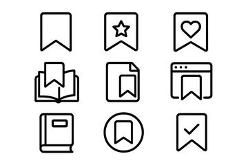 Bookmark line icon collection for web and mobile apps. Includes save, favorite, read later, and tag symbols. Vector outline icons with editable stroke for UI and UX design.