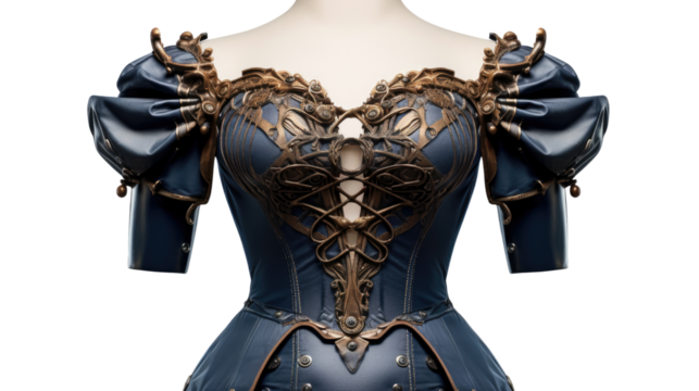 Victorian Inspired Navy Corset with Puff Sleeves Fashion isolated on white background