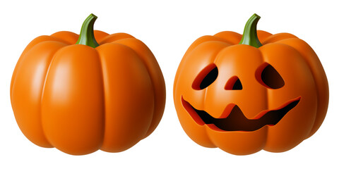 Fototapeta na wymiar Halloween pumpkin or Jack O Lantern. 3d realistic cute pumpkin with carving funny cheerful face. And orange autumn vegetable gourd in the set. Isolated vector illustration