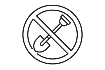 No digging line icon. Shovel forbidden symbol. Stop excavation pictogram. Construction work prohibited. Do not dig sign. Garden and ground work not allowed vector symbol.