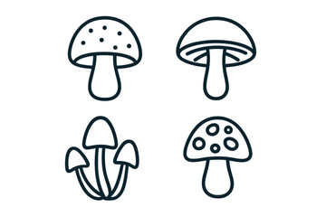 Mushroom icon set in a modern minimalist outline style. Fungi and toadstool vector line art illustrations. Simple cartoon doodle for web design, apps, logo, or print.