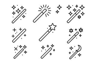 Naklejka premium Magic wand thin line icon set. Wizard stick with stars and sparkles. Fairy tale miracle symbol collection. Editable stroke vector for fantasy, wish, spell or enchantment concepts.