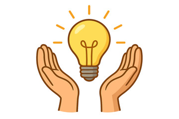 Hands holding a glowing light bulb. Concept of a new idea, creativity, innovation, and solution. Metaphor for inspiration, brainstorming, knowledge, energy, and success. Vector.