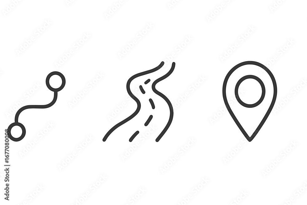 Poster navigation line icon set with route, road, and map pin. simple pictogram for location, destination, 